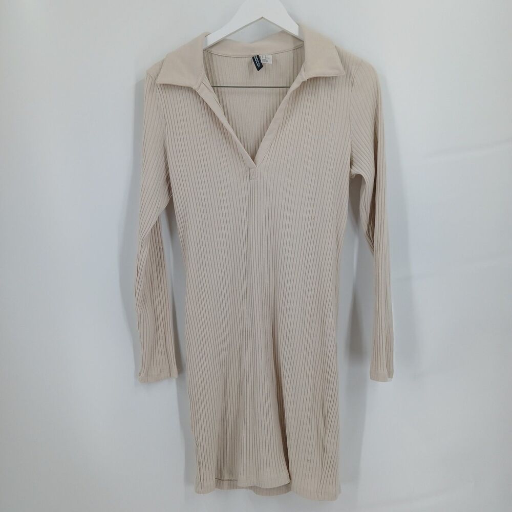 Divided H&M Beige Ribbed Knit Long Sleeve Polo Collar Sweater Mini Dress Size XL